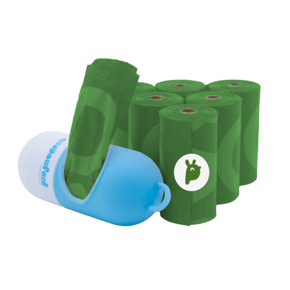 On the left: a durable blue-and-white capsule-style dispenser. On the right: Dog poop bags. A box includes one dispenser and seven rolls of green bags (105 count). Large-size rolls for all dog sizes.