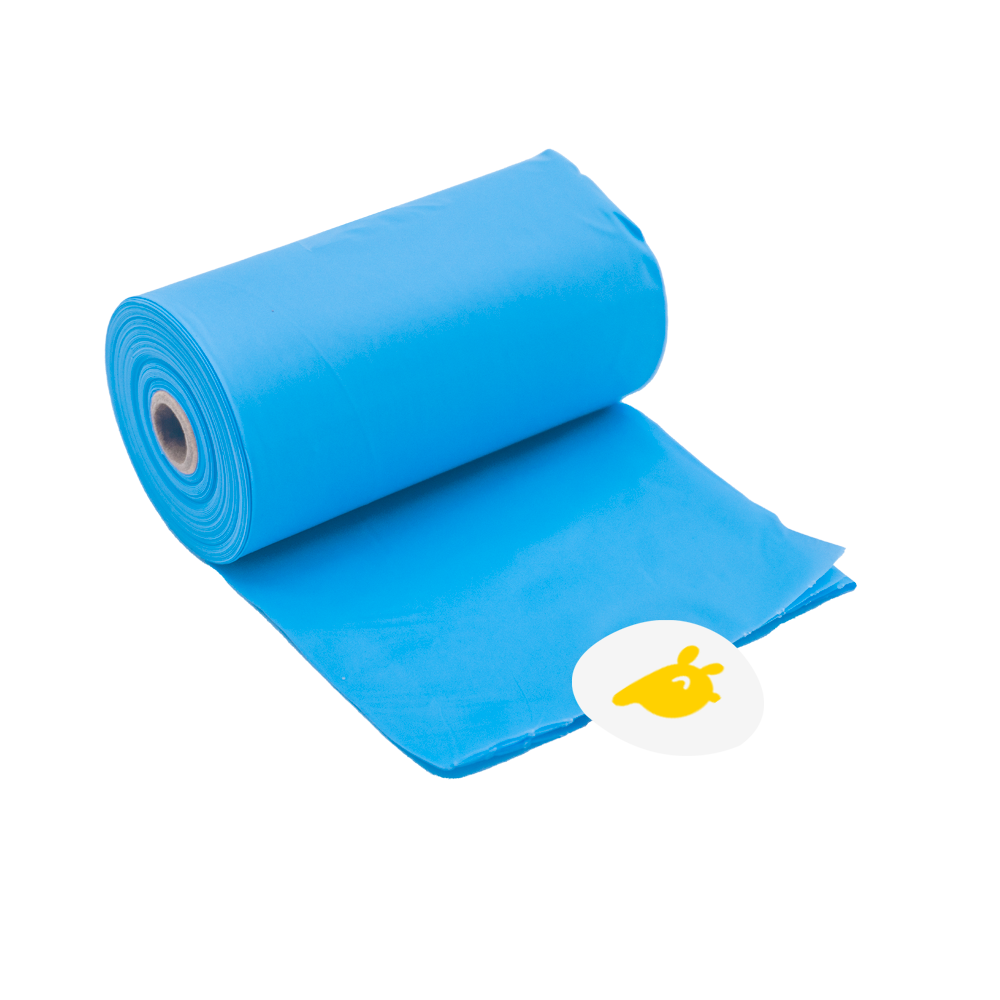 An individual compostable refill  roll — 15 extra-thick Dog Poop Pickup Bags with a tear-safe sticker, made to fit all dispensers.
