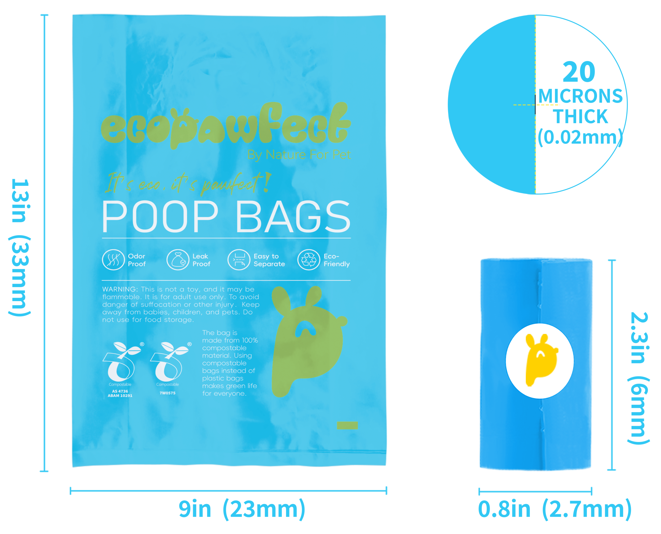 Detailed size guide for biodegradable poop bags including length, width, and thickness