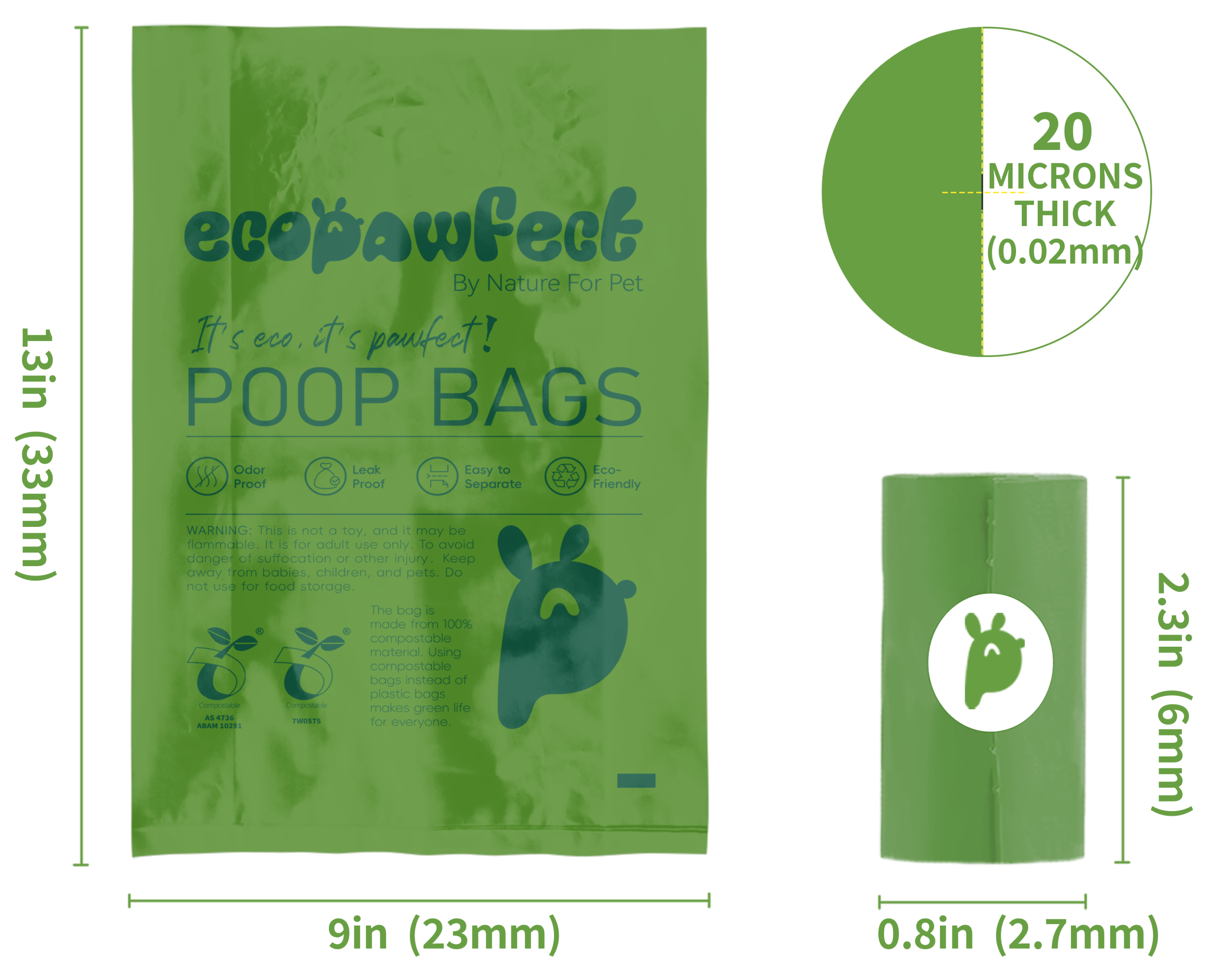 Size specifications image of compostable pet poop bags for easy reference.